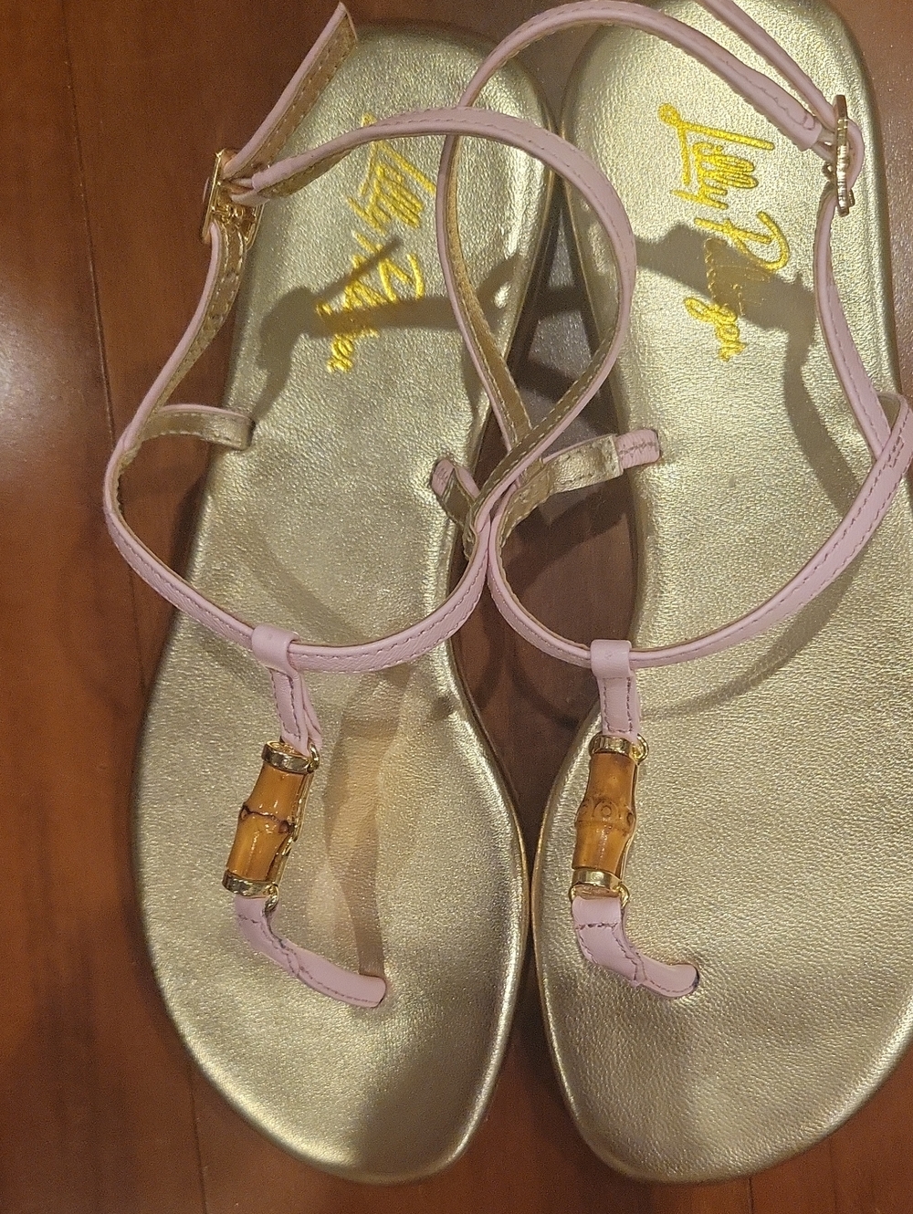 NWOT Lily Pulitzer Gold and Pink Bamboo-Accent Flat Sandals